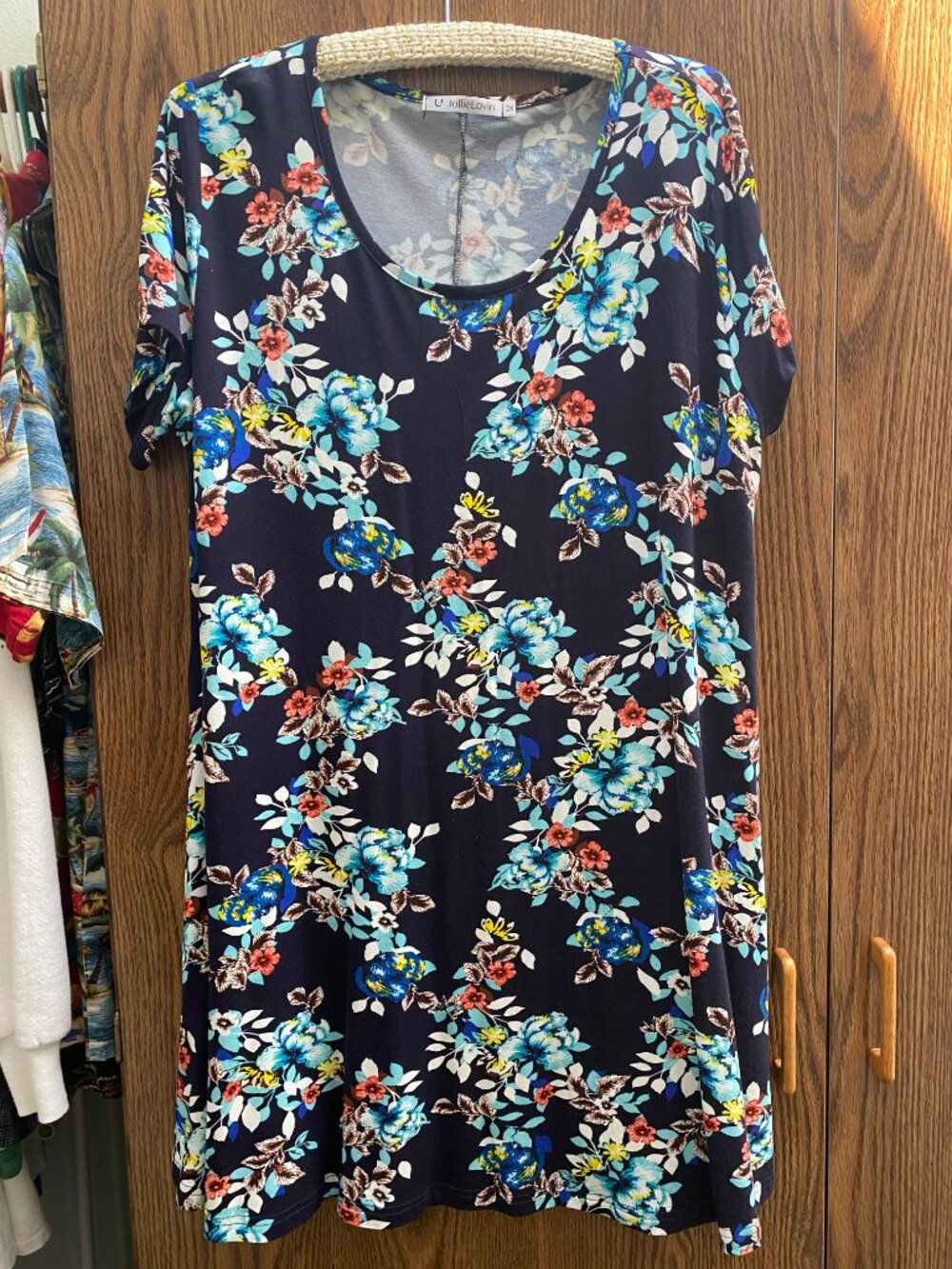 JollieLovin Navy Teal Floral Pocket Tunic Dress Short Sleeve Navy Teal  Size 2X